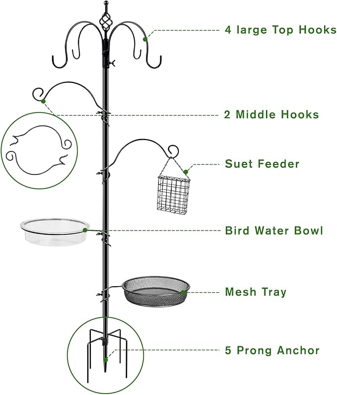 Bird Feeding Station, 90.55in 6-Hook Wild Bird Feeder Stand Pole with Water & Mesh Tray Humming Bird Feeders for Outdoors Easy Assembly for Courtyards Gardens (Black)