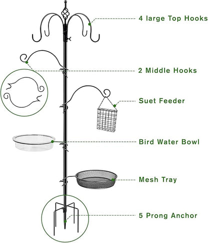 Bird Feeding Station, 90.55in 6-Hook Wild Bird Feeder Stand Pole with Water & Mesh Tray Humming Bird Feeders for Outdoors Easy Assembly for Courtyards Gardens (Black)