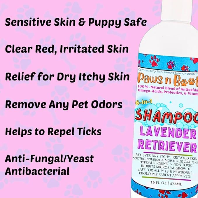 6-in-1 Dog Shampoo - Fast Relief for Allergies, Dry, Itchy, Skin. Premium & Beneficial Ingredients to Repair and Nourish The Skin/Coat. 100% Natural, Organic, Plant-Based, Lavender-Retriever