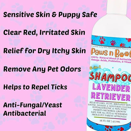 6-in-1 Dog Shampoo - Fast Relief for Allergies, Dry, Itchy, Skin. Premium & Beneficial Ingredients to Repair and Nourish The Skin/Coat. 100% Natural, Organic, Plant-Based, Lavender-Retriever