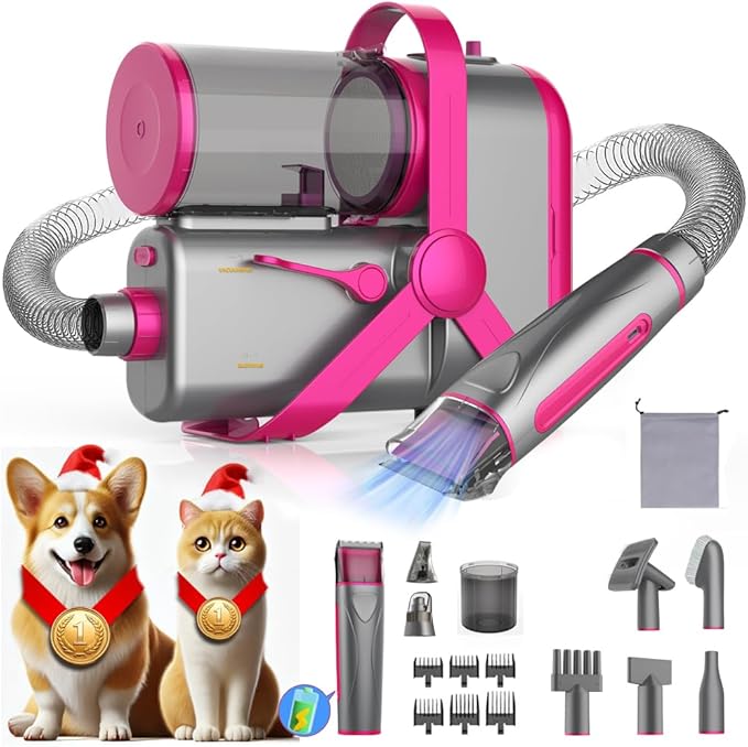 Dog Hair Vacuum / Blow Dryer One-Touch Switch, Dual-Motor Pet Grooming Kit For Shedding With Expandable Dust Cup, 8 Grooming Tools - Dog Vacuum Clipper Trimmer Nail Grinder Slicker Brush (Rose Red)