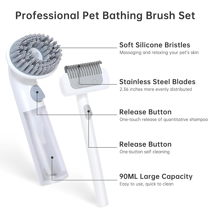 2PCS Dog Bath Brush & Deshedding Tool | Soft Silicone Dog Scrubber for Bath | Massage Pet Bath Brush with Soap Handle Dispenser for Medium to Large Dogs