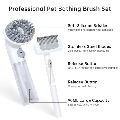 2PCS Dog Bath Brush & Deshedding Tool | Soft Silicone Dog Scrubber for Bath | Massage Pet Bath Brush with Soap Handle Dispenser for Medium to Large Dogs