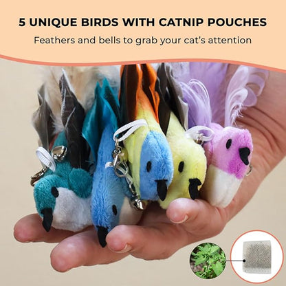Interactive Bird Simulation Cat Toy Set, Interactive Cat Toys for Indoor Cats, Cat Feather Toy, Self-Holding Suction Cup, 5 Catnip Birds, Feathers, Bells (Catnip Hybrid Bundle)