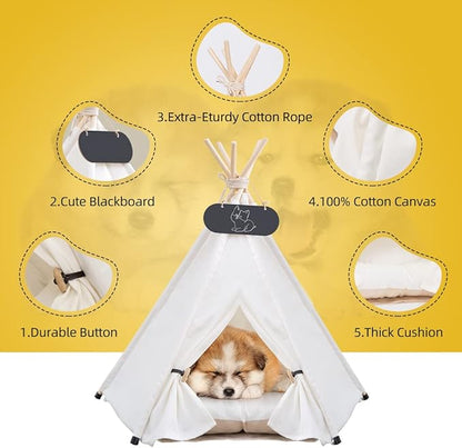 Pet Teepee Tent for Dogs & Cats Dog Bed with Thick Cushion Puppies Play House Removable and Washable