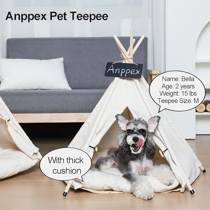 ANPPEX 24-Inch Dog Teepee Tent Indoor,M Size Pet Tent Bed for Small Dogs and Cats,Indoor Dog House with Thick Cushion,White