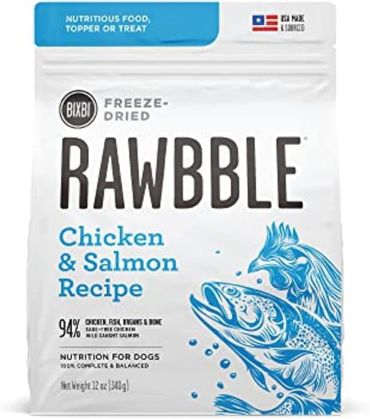 BIXBI Rawbble Freeze Dried Dog Food, Chicken & Salmon Recipe, 12 oz - 94% Meat and Organs, No Fillers - Pantry-Friendly Raw Dog Food for Meal, Treat or Food Topper - USA Made in Small Batches