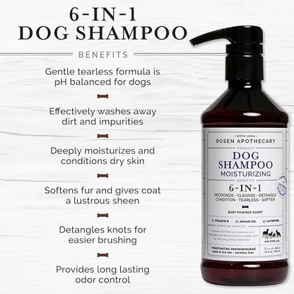 6-in-1 Moisturizing Dog Shampoo with Brush, Made with Naturally Derived Ingredients to Cleanse, Soothe, Deodorize, and Soften The Skin and Coat 480ml