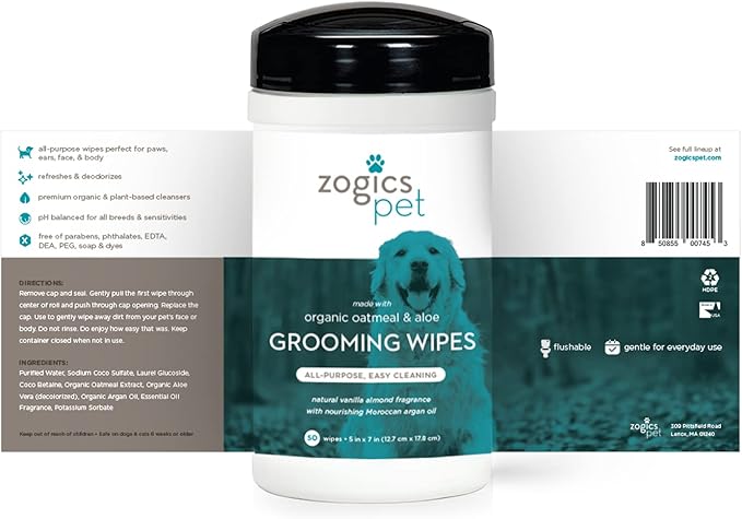 Multi-Purpose Dog Grooming Wipes with Organic Oatmeal & Aloe - Thick, Hypoallergenic Wipes for Spot Cleaning and Between Baths (50 Wipes)