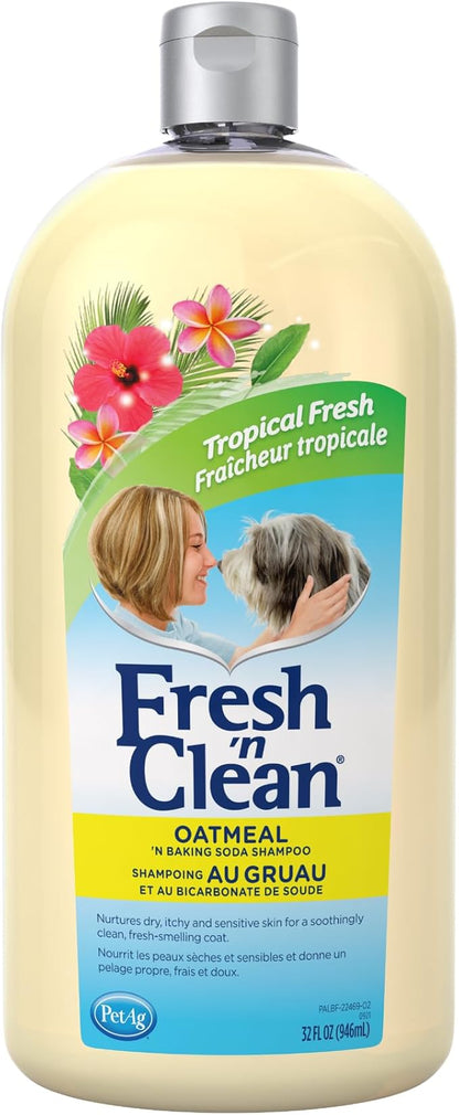 PetAg Fresh _ Clean Oatmeal _ Baking Soda Shampoo - Tropical Fresh Scent - 32 oz - Nurtures Dry, Itchy & Sensitive Skin with Vitamin E & Aloe - Strengthens & Repairs Coats - Soap Free