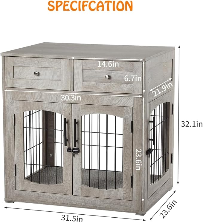 Dog Crate Furniture with Double Drawers, Wooden End Table Dog Kennel, Furniture Style Wood House Crate for Small/Medium/Large Dogs, Decorative Dog Crate with Storage for Large Breed, 32 Inch,Gray