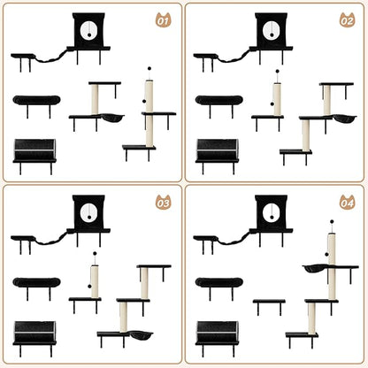 NUNU LAB 14-in-1 Cat Wall Shelves Set, Wall-Mounted Cat Climber with Bridge, Tunnel, House, Scratcher, Steps, Indoor Space-Saving Furniture for Kittens Play, Black