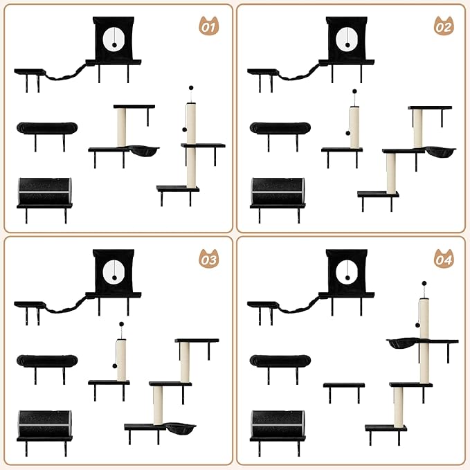 NUNU LAB Cat Wall Shelves Set, 7 Pcs Wall-Mounted Cat Climber with Cat House, Tunnel, Bridge, Scratching Post, Hammock, Wall Shelves, Black