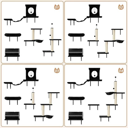 NUNU LAB Cat Wall Shelves Set, 7 Pcs Wall-Mounted Cat Climber with Cat House, Tunnel, Bridge, Scratching Post, Hammock, Wall Shelves, Black