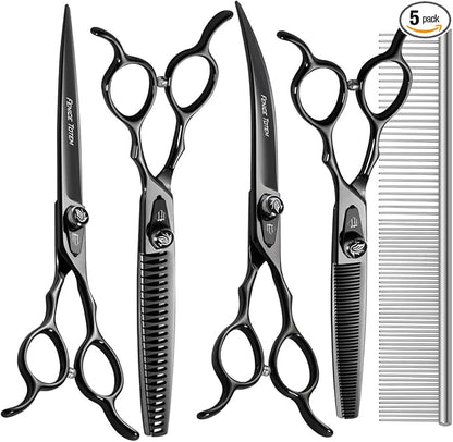 Dog Grooming Scissors: 7.5 inch Bright Black Pet Shears Set Made Of Japanese 440C Advanced Stainless Steel Professional Grooming Scissors for Dogs Cats and Other Pets