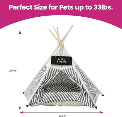 Dog Teepee Cozy Retreat, Portable Pet Tent for Small Dogs with Soft Cushion, Easy to Clean Canvas Pet House, 27.5 x 23.6 inches, Foldable Grey and White Striped