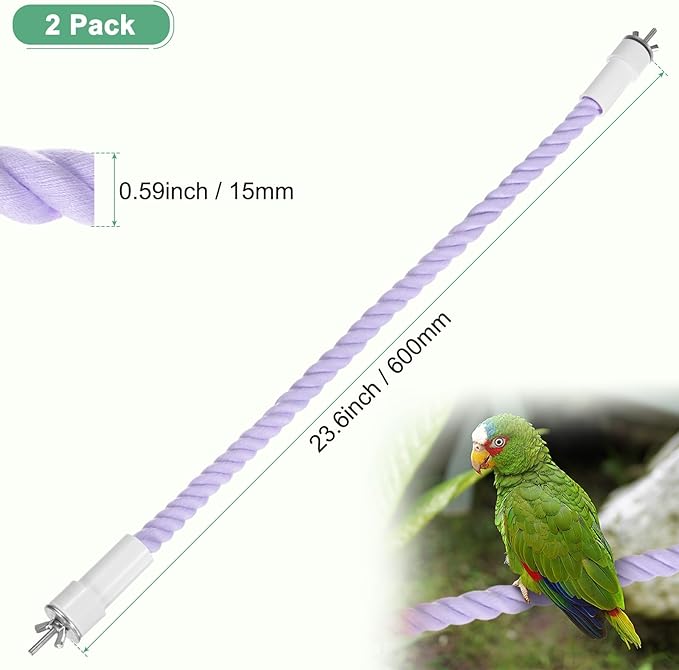 2-Pack Rope Perches for Bird Cages, 23.6 in Length Comfort Grip Flexible Rope Perch Beak & Paw Grinding for Parrots/Cockatiels/Parakeets, Bird Platform Sand [Purple]