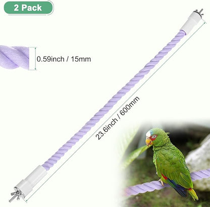 2-Pack Rope Perches for Bird Cages, 23.6 in Length Comfort Grip Flexible Rope Perch Beak & Paw Grinding for Parrots/Cockatiels/Parakeets, Bird Platform Sand [Purple]
