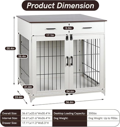 Snowtaros Dog Crate Furniture, 36.6 Inch Large Dog Crate with Drawers, Wooden Dog Kennel Indoor for Small Medium Large Dogs, Heavy Duty Dog Crate End Table with Double Doors