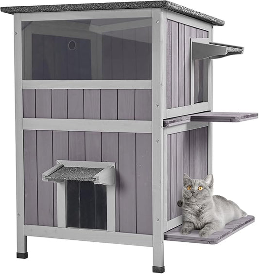 Aivituvin Outdoor Cat Houseï¼_wo-Story Feral Cat Shelterï¼_ooden Cat Condos,Weatherproof Cat Enclosure for Winter with Escape Doors