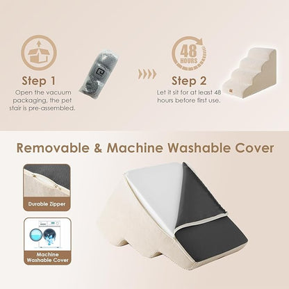 EHEYCIGA Curved Dog Stairs Ramp for High Beds 19.7" H, 4-Step Dog Steps for Small Dogs and Cats, Pet Stairs for High Bed Climbing, Non-Slip Balanced Pet Step Indoor, Beige