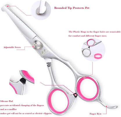 Dog Grooming Kit with Round Tip, 6 in 1 Cat Dog Grooming Scissors, Stainless Steel Pet Grooming Shears for Full Body, Face, Nose, Ear and Paw (pink)
