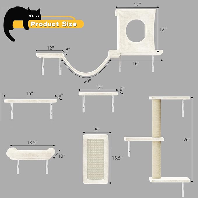 NUNU LAB Cat Wall Shelves, 6 Pcs Luxury Wall-Mounted Cat Climber Set, Indoor Cat Furniture with 1 Condos House, 2 Cat Wall Shelves, 1 Scratching, 1 Bridge Ladder, 1 Scratching Pad, Beige