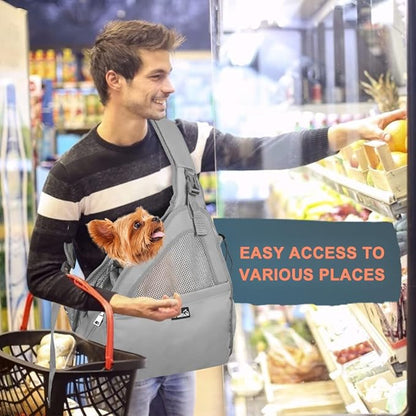 SlowTon Pet Dog Sling Carrier, Hands Free Hard Bottom Papoose Small Animal Puppy Up to 12 lbs Travel Bag Tote Breathable Mesh Support Adjustable Padded Strap Pocket Safety Belt Machine Washable
