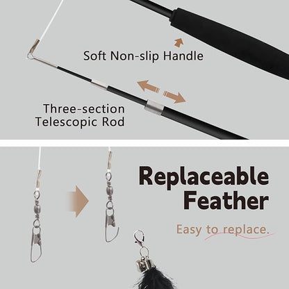 SONGWAY Cat Wand Toys for Indoor Cats - Cat Toy Set with Retractable Teaser Wand and 6 PCS Feather Toy Refills, Dragonfly Tassel Cat Toys Interactive, Black