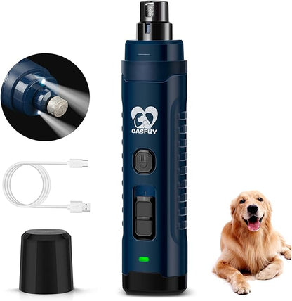 Casfuy Dog Nail Grinder with 2 LED Light - 4.8V Super Powerful 2-Speed Electric Pet Nail Trimmer for Medium Large Dogs Quiet Rechargeable Painless Paws Grooming & Smoothing Tool (Dark Blue)