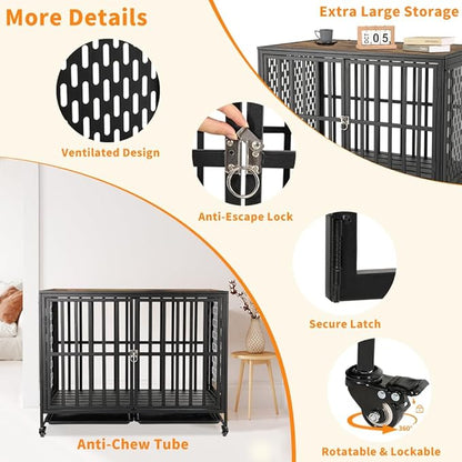 42'' Dog Crate Furniture, Wooden Dog Kennel with Lockable Wheels, Dog Crate End Table with Trays, Decorative Dog Kennel Indoor, Heavy Duty Dog Cage for Medium Large Dogs, Rustic Brown