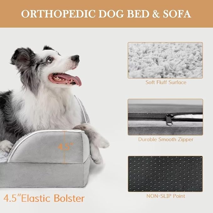 Orthopedic Memory Foam Dog Bed, Cooling Dog Bed, Waterproof Dog Beds for Large Dogs, Washable Dog Bed with Removable Cover,Pet Bed Dog Sofa with Bolster(Large,Light Grey)