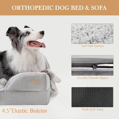 Orthopedic Memory Foam Dog Bed, Cooling Dog Bed, Waterproof Dog Beds for Large Dogs, Washable Dog Bed with Removable Cover,Pet Bed Dog Sofa with Bolster(Large,Light Grey)