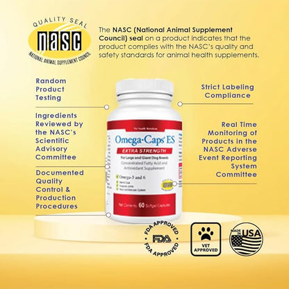 Omega Caps ES Extra Strength for Large and Giant Dogs Omega-3 and Omega-6 Fatty Acid Antioxidant Supplement Vet Formulated Made in USA Skin Coat Joint Heart and Immune Health 60 Softgel Capsules