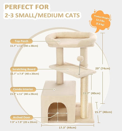 Made4Pets Cat Tree, Small Cat Tower for Indoors Cats, Cute Wood Kitty Condo with Scratching Post and Pad, 29" Multi-Level Modern Activity Climbing Furniture for Small and Medium Cats, Beige