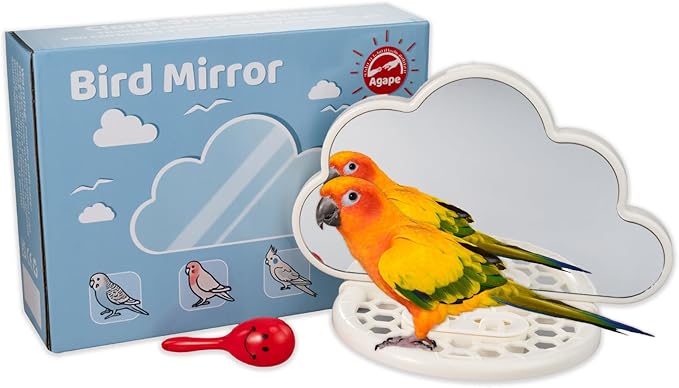 Agape Parakeet Mirror with Perch & Slow Feeder, Bird Cage Accessories for Small Parrots to Expend Energy, Bird Toys for Boredom&Anxiety, Interactive Toy for Cockatiel, Lovebird, Conure, Finch, Budgies