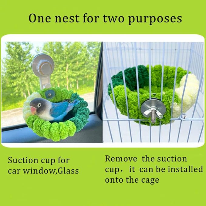 Portable Suction Cup Bird Perch Nest for Travel Car Window Glass, Warm Bird Sleeping hut Snuggle Bed for cage (Green Combo, L)
