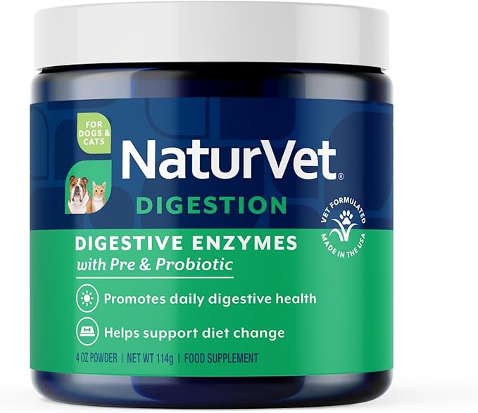 NaturVet  Digestive Enzymes for Dogs - Plus Probiotics & Prebiotics | Helps Support Diet Change & A Healthy Digestive Tract | for Dogs & Cats | 4 oz Powder