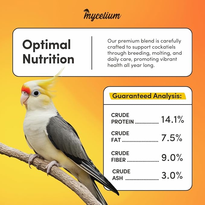 Mycelium Cockatiel Premier Bird Seed (5 LB Bag) | Organic Bird Food Fortified with Vitamins for Immunity, Energy & Digestion | Dust-Free, Daily Nutrition for Pet Birds | Non-GMO, USA Made