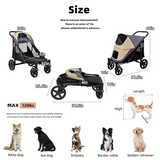 Dog Stroller for Medium/Large Dogs One-Click Folding 4 Wheel Pet Stroller Foldable Dog Stroller for 2 Dogs Jogger Stroller with Storage Pocket Suitable for Pets Up to 110LBS (Black&Grey)