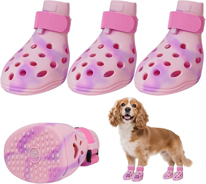 Dog Shoes for Hot Pavement, Adjustable Magic Tape Boots for Small, Medium & Large Dogs, Anti-Slip, Easy to Clean Paw Protectors for Beach, Outdoor & Hot Weather (Pink M)