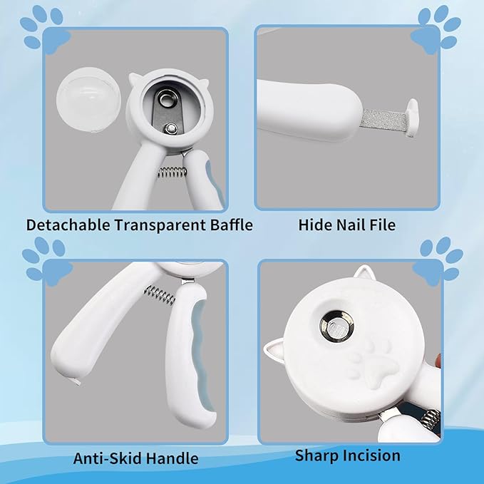 WishLotus Pet Nail Clippers, Anti-Slip and Splash Dogs Nail Clipper with Clear Baffle and Hide Nail File Cat Claw Clippers Grooming Tool Accessories for Small Animals Nail Trimming (Blue)
