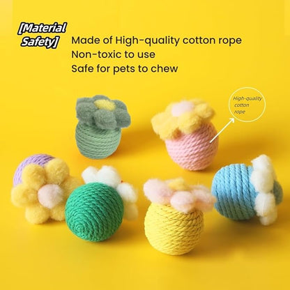 6Pcs Cactus Cat Toy Balls Cotton Rope Pet Scratching Assorted Colored Cat Rope Balls Chew Eco-Friendly Toy Pets Interactive Toy Cat Toys (Assorted Colored, 6pcs)
