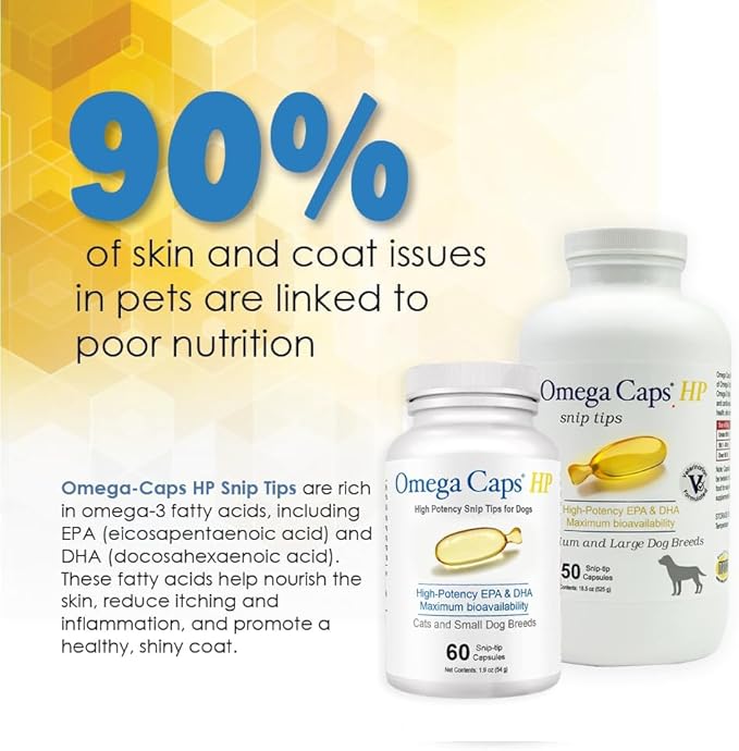 Omega Caps HP Snip Tips for Medium and Large Dogs High Potency EPA and DHA Maximum Bioavailability Fish Oil Supplement Vet Formulated Made in USA Skin Coat Joint and Heart Health 250 Capsules