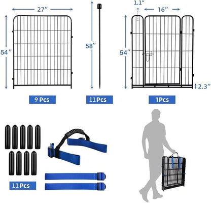 ADAVIN Tall Garden Fence 54 in(H)_22.1 Ft(L),10 Panels Dog Fence Outdoor for Yard, Heavy Duty Iron Metal Fence with Gate Low Threshold, No Dig Fence Panels, Animal Barrier Fence, Black