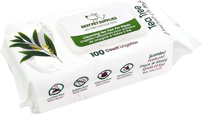 Best Pet Supplies Pet Grooming Wipes for Dogs, 100 Pack, Plant-Based Deodorizer for Coats & Dry, Itchy, or Sensitive Skin, Clean Ears, Paws, Body, & Butt - Cleansing Tea Tree