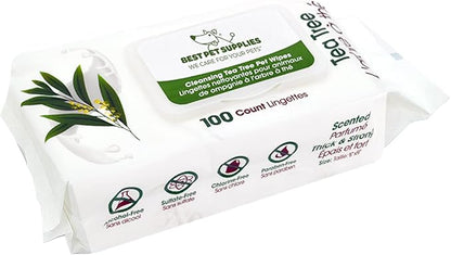 Best Pet Supplies Pet Grooming Wipes for Dogs, 100 Pack, Plant-Based Deodorizer for Coats & Dry, Itchy, or Sensitive Skin, Clean Ears, Paws, Body, & Butt - Cleansing Tea Tree