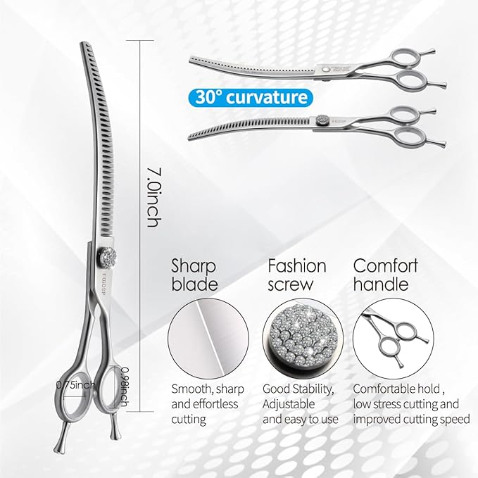 7.0'' Curved Chunkers Shears for Dog Grooming Professional Magic Dog Grooming Scissors with Big Artificial Diamonds 30 Teeth for Large Dog(7.0 in, Curved Chunkers)