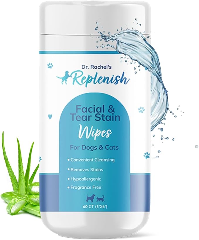 Replenish Facial and Tear Stain Remover Wipes for Dogs and Cats - Dog Wipes for Face - Gentle Cleaning Pet Eye Wipes for Cats - Dog Eye Wipes Tear Stain Remover Eye Discharge, and Crust - 60 Count