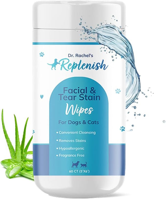 Replenish Facial and Tear Stain Remover Wipes for Dogs and Cats - Dog Wipes for Face - Gentle Cleaning Pet Eye Wipes for Cats - Dog Eye Wipes Tear Stain Remover Eye Discharge, and Crust - 60 Count